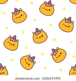 Cute kawaii Halloween pumpkin. Seamless pattern. Holidays cartoon character. Monsters faces. Hand drawn style. Vector drawing. Design ornaments.