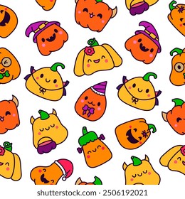 Cute kawaii Halloween pumpkin. Seamless pattern. Holidays cartoon character. Monsters faces. Hand drawn style. Vector drawing. Design ornaments.