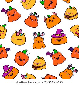 Cute kawaii Halloween pumpkin. Seamless pattern. Holidays cartoon character. Monsters faces. Hand drawn style. Vector drawing. Design ornaments.