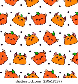 Cute kawaii Halloween pumpkin. Seamless pattern. Holidays cartoon character. Monsters faces. Hand drawn style. Vector drawing. Design ornaments.