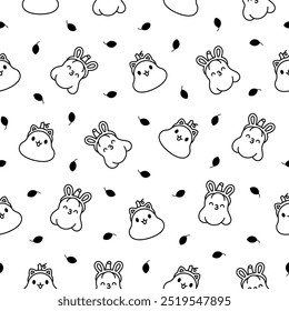 Cute kawaii Halloween pumpkin. Seamless pattern. Coloring Page. Holidays cartoon character. Monsters faces. Hand drawn style. Vector drawing. Design ornaments.