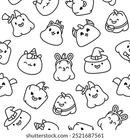 Cute kawaii Halloween pumpkin. Seamless pattern. Coloring Page. Holidays cartoon character. Monsters faces. Hand drawn style. Vector drawing. Design ornaments.