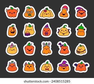 Cute kawaii Halloween calabaza. Marcador adhesivo. Personaje de caricatura de vacaciones. Caras de monstruos. Estilo dibujado a mano. Dibujo de vectores. Colección de elementos de diseño.