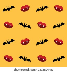 cute kawaii halloween seamless pattern vampire lips and bats