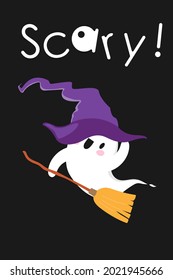 Cute kawaii halloween spirit ghost in a witch's hat with broom. Trick or treat poster. Samhain, fear and boo. Flat cartoon Happy Halloween smiling spooky character. Vector illustration.