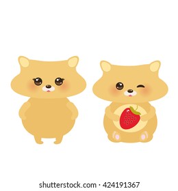 cute kawaii hamster, boy and girl with fresh Strawberry, pastel colors on white background. Vector