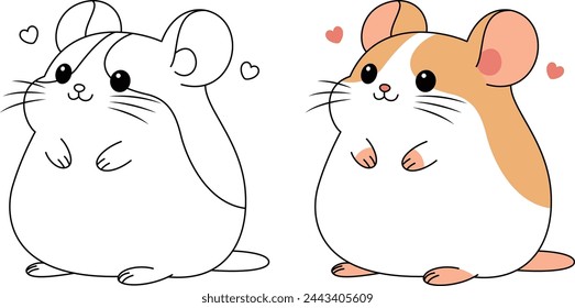 Cute kawaii hamster cartoon character coloring page isolated on white background vector illustration