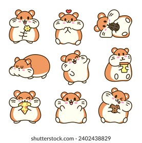 Cute kawaii hamster. Cartoon funny animals character. Hand drawn style. Vector drawing. Collection of design elements.