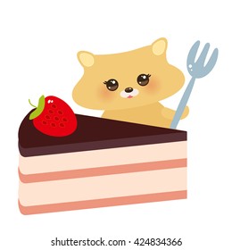 cute kawaii hamster with fork, Sweet cake decorated with fresh Strawberry, pink cream and chocolate icing, pastel colors on white background. Vector