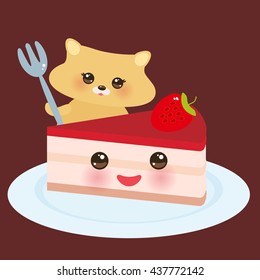 cute kawaii hamster with fork, Sweet cake decorated with fresh Strawberry, pink cream and icing, pastel colors on brown background. Vector