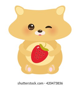 cute kawaii hamster with fresh Strawberry, pastel colors on white background. Vector