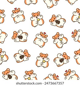 Cute kawaii hamster. Seamless pattern. Cartoon funny animals character. Hand drawn style. Vector drawing. Design ornaments.