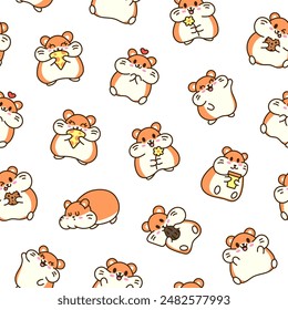 Cute kawaii hamster. Seamless pattern. Cartoon funny animals character. Hand drawn style. Vector drawing. Design ornaments.