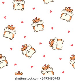 Cute kawaii hamster. Seamless pattern. Cartoon funny animals character. Hand drawn style. Vector drawing. Design ornaments.