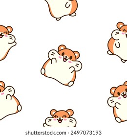 Cute kawaii hamster. Seamless pattern. Cartoon funny animals character. Hand drawn style. Vector drawing. Design ornaments.