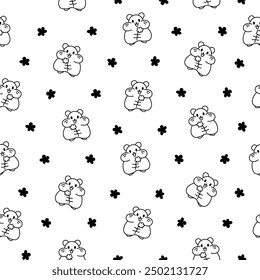 Cute kawaii hamster. Seamless pattern. Coloring Page. Cartoon funny animals character. Hand drawn style. Vector drawing. Design ornaments.