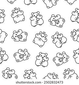 Cute kawaii hamster. Seamless pattern. Coloring Page. Cartoon funny animals character. Hand drawn style. Vector drawing. Design ornaments.