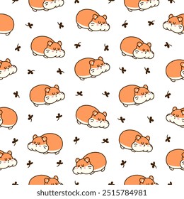 Cute kawaii hamster. Seamless pattern. Cartoon funny animals character. Hand drawn style. Vector drawing. Design ornaments.