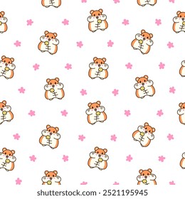 Hamster kawaii bonito. Padrão contínuo. Desenho animado animais engraçado personagem. Estilo desenhado à mão. Desenho vetorial. Desenhar ornamentos.