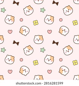 Симпатичные Kawaii хомяк бесшовный узор с очаровательным мультфильм животных лиц, сердца, звезды и цветы на пастельный розовый фон