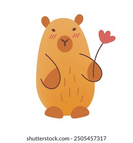 Cute kawaii hand draw capybara with flower isolated on white background.Childish,kids print. Vector illustration. Cartoon characters.Flat style with mesh gradient.Brown color.