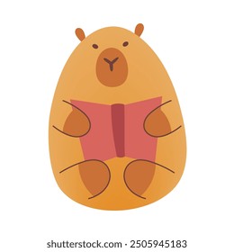 Cute kawaii hand draw capybara with book isolated on white background.Childish,kids print. Vector illustration. Cartoon characters.Flat style with mesh gradient.Brown color.