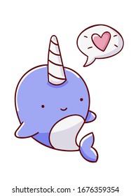 Cute kawaii hand drawn blue narwhal talk love doodles isolated on white background, print