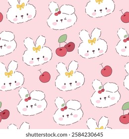 Cute kawaii hand drawn bunny with cherries on a pink background, seamless pattern for kids fabric.