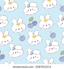 Cute kawaii hand drawn bunny with cherries on a blue background, seamless pattern for kids fabric.
