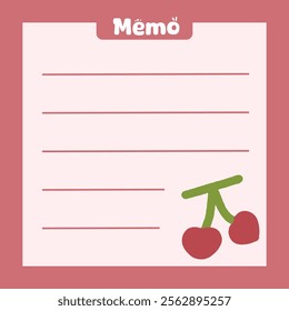 Cute kawaii hand drawn cherry memo pad, notepad, paper, template illustration. Suitable for for to do list, check list, memo, sticky note, planner, notepad for task plan
