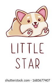Cute kawaii hand drawn corgi dog doodles, lettering little star, isolated on white background, print