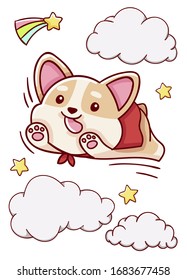 Cute kawaii hand drawn corgi dog super hero doodles, isolated on white background, print