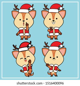 Cute Kawaii Hand Drawn Deer Character Illustration With Christmas Hat Collection - Set 6