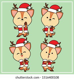 Cute Kawaii Hand Drawn Deer Character Illustration With Christmas Hat Collection - Set 5