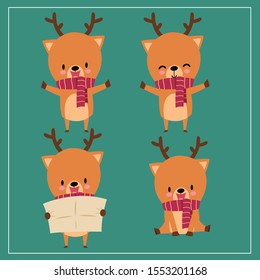 Cute Kawaii Hand Drawn Deer Wearing Scarf With Smiling And Funny Face In Different Poses And Activities On Dark Green Background. Collection. Set. Vector. Emoji. Sticker. Emoticon. Cartoon. Character