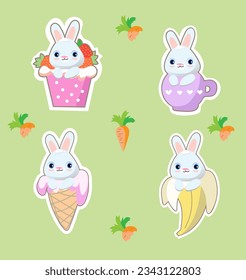Cute kawaii hand drawn face bunny rabbit in anime style in a cup of tee, babana,an ice-cream, a strawberry cocktail