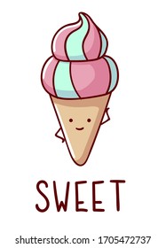 Cute kawaii hand drawn ice cream doodles, lettering sweet , isolated on white background, print