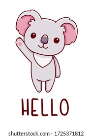 Cute kawaii hand drawn koala doodles, lettering hello, isolated on white background, print