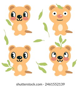 Cute kawaii hand drawn quokka animal characters collection. Perfect for tee, stickers, poster. Isolated vector illustration for decor and design.

