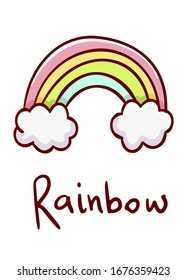 Doodles de arcoiris dibujados a mano con kawaii, arcoíris con letras, aislados en fondo blanco, impresos