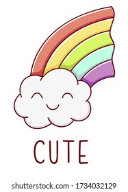 Cute kawaii hand drawn rainbow doodles, lettering cute, isolated on white background, print