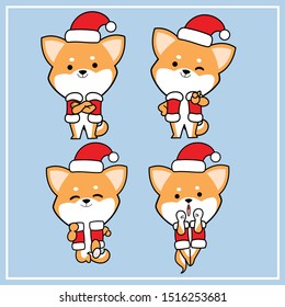 Cute Kawaii Hand Drawn Shiba Inu Dog Character Illustration With Christmas Hat Collection - Set 10