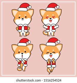 Cute Kawaii Hand Drawn Shiba Inu Dog Character Illustration With Christmas Hat Collection - Set 9