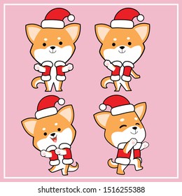 Cute Kawaii Hand Drawn Shiba Inu Dog Character Illustration With Christmas Hat Collection - Set 1