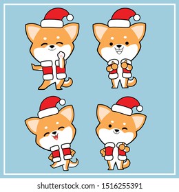 Cute Kawaii Hand Drawn Shiba Inu Dog Character Illustration With Christmas Hat Collection - Set 4