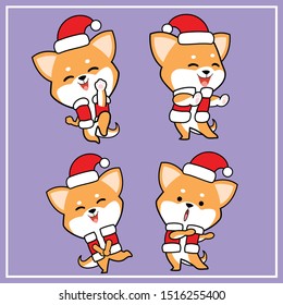 Cute Kawaii Hand Drawn Shiba Inu Dog Character Illustration With Christmas Hat Collection - Set 6