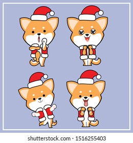 Cute Kawaii Hand Drawn Shiba Inu Dog Character Illustration With Christmas Hat Collection - Set 5