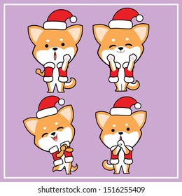 Cute Kawaii Hand Drawn Shiba Inu Dog Character Illustration With Christmas Hat Collection - Set 7