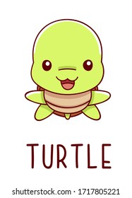 Cute kawaii hand drawn turtle doodles, lettering little turtle, isolated on white background, print