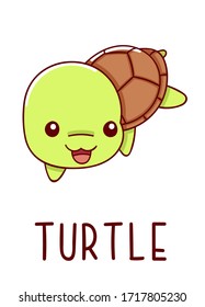 Cute kawaii hand drawn turtle doodles, lettering little turtle, isolated on white background, print